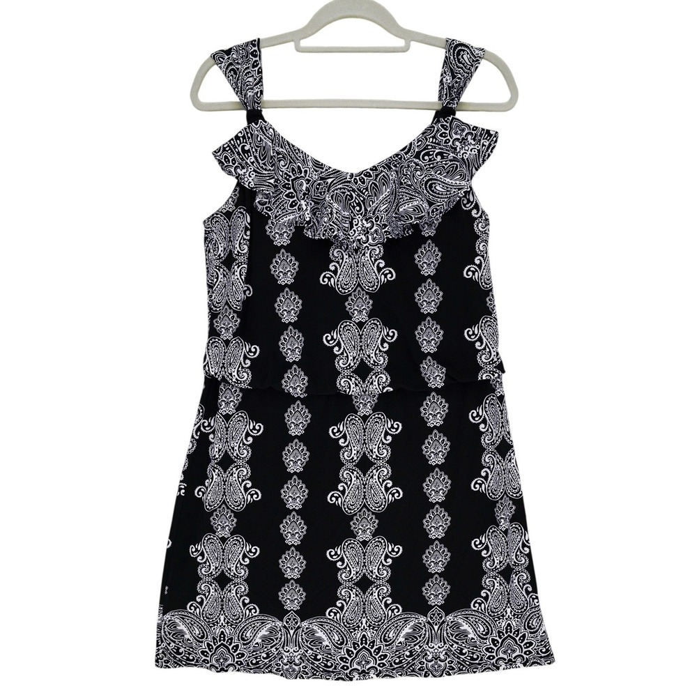 White House Black Market Black White Paisley Blouson Dress M Ruffled Neckline